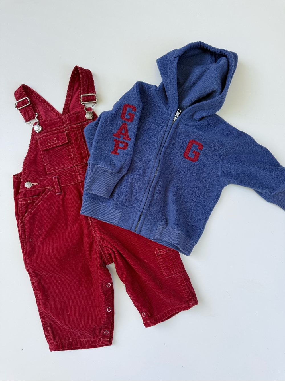 Vintage baby GAP Kids Blue Hooded Zip Sweatshirt with Red Corduroy Overalls
